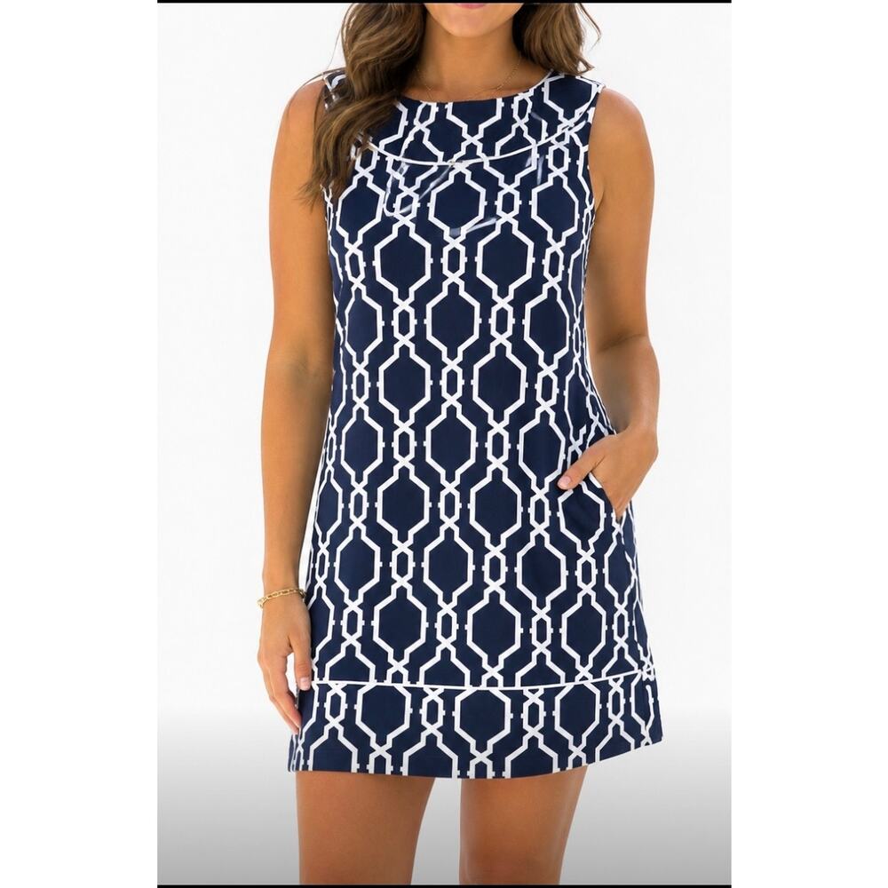 Escapada XS Navy White Geometric Shift Dress Sleeveless Nautical Resort Tunic